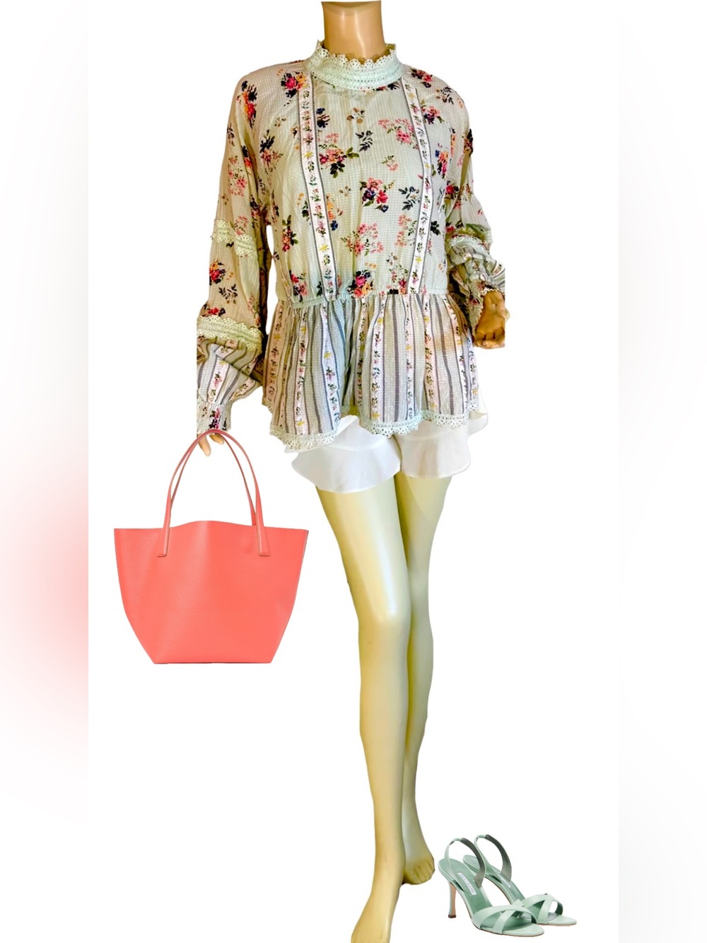 HEMANT & NANDITA MINT GREEN "AMOUR" FLORAL PEPLUM BLOUSE (XL)